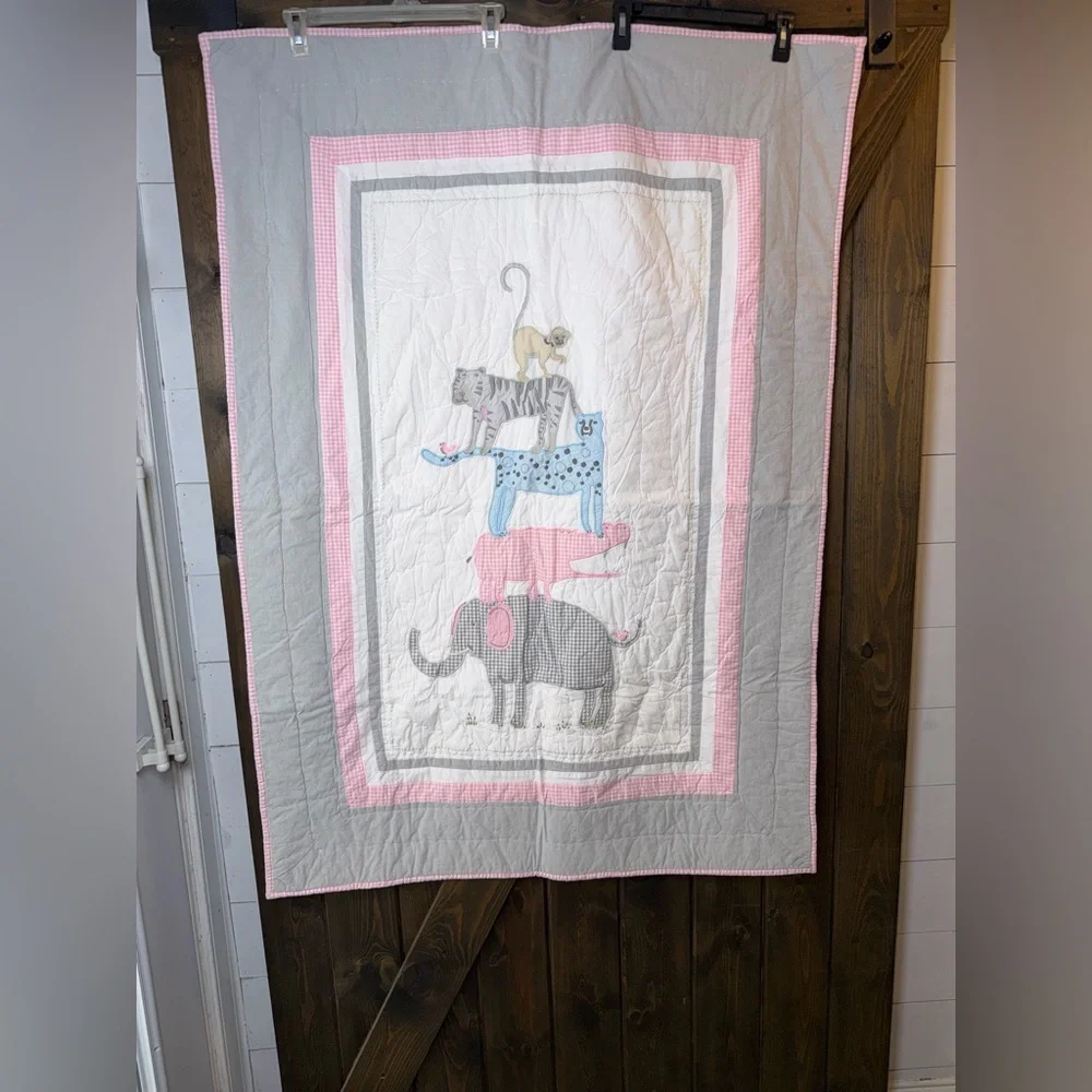 Pottery Barn Kids Gray and Pink Animal Stack Quilt